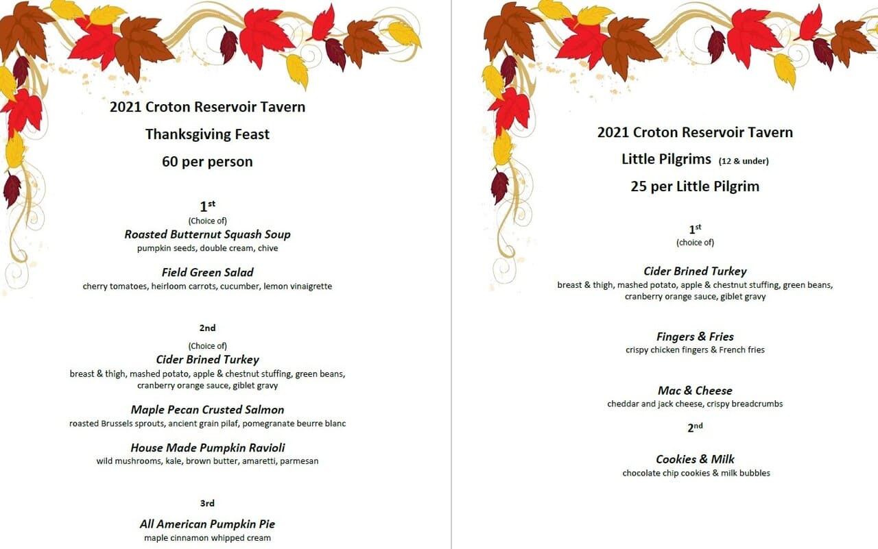 Croton Reservoir Tavern Thanksgiving Dinner Menu